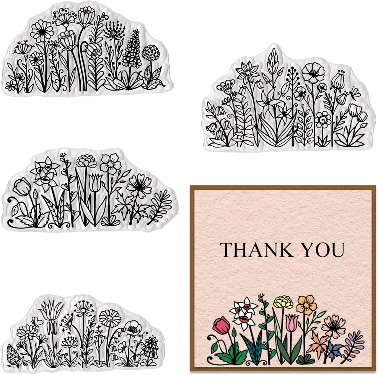4 PCS Flowers Background Clear Stamps for Card Making, Daisy Flowers Rubber Stamps Florial Scenery Transparent Stamp Seal for Crafting DIY Scrapbooking Photo Album Decorations